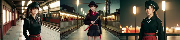 highly insanely detailed, masterpiece, top quality, best quality, highres, 4k, 8k, RAW photo, (very aesthetic, beautiful and aesthetic), 1girl, traditional. media, retro artstyle, cloud, sky, fantasy, scenery, soft light, city lights at night, at a train station in tokyo, (bokeh:1.3), sunrise, vivid, imaginative, deep depth of field, <lora:Tekkonkinkreet:1>
1girl, solo, long hair, looking at viewer, skirt, shirt, black hair, red eyes, long sleeves, hat, holding, closed mouth, school uniform, ponytail, weapon, cowboy shot, horns, serafuku, sword, black skirt, sailor collar, holding weapon, armor, neckerchief, parted bangs, black shirt, holding sword, katana, shoulder armor, sheath, red neckerchief, black serafuku, sheathed, japanese armor, scabbard, kote.