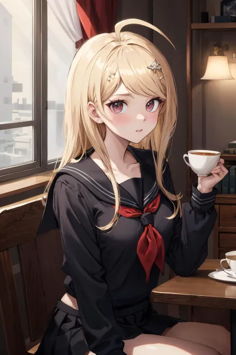 masterpiece, best quality, highres, aakaede, long hair, ahoge, hair ornament, breasts, collarbone, black serafuku, sailor collar, red neckerchief, (black shirt:1.2), long sleeves, black skirt 
, <lora:akamatsu_kaede_v1:0.7>, sitting, holding tea, looking at the viewer, indoor,