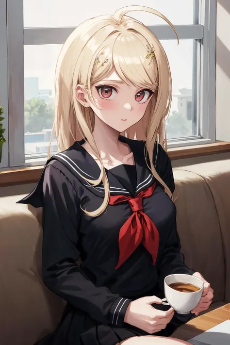 masterpiece, best quality, highres, aakaede, long hair, ahoge, hair ornament, breasts, collarbone, black serafuku, sailor collar, red neckerchief, (black shirt:1.2), long sleeves, black skirt 
, <lora:akamatsu_kaede_v1:0.7>, sitting, holding tea, looking at the viewer, indoor,