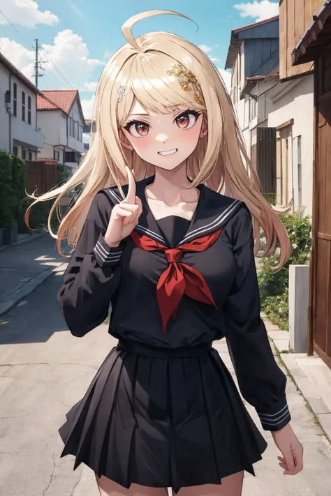 masterpiece, best quality, highres, aakaede, long hair, ahoge, hair ornament, breasts, collarbone, black serafuku, sailor collar, red neckerchief, (black shirt:1.2), long sleeves, black skirt , <lora:akamatsu_kaede_v1:0.7>, grin, standing, cowboy shot, outdoors, poiting the viewer with the finger