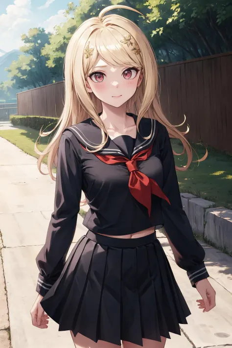 masterpiece, best quality, highres, aakaede, long hair, ahoge, hair ornament, breasts, collarbone, black serafuku, sailor collar, red neckerchief, (black shirt:1.2), long sleeves, black skirt , <lora:akamatsu_kaede_v1:0.7>, grin, standing, cowboy shot, outdoors