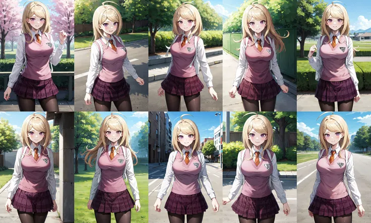 masterpiece, best quality, highres, aakaede, long hair, ahoge, hair ornament, breasts, school uniform, necktie, pink vest, sweater vest, collared shirt, long sleeves, backpack, pleated skirt, purple skirt, print skirt, pantyhose, <lora:akamatsu_kaede_v1:0.7>, standing, cowboy shot, outdoors, smile