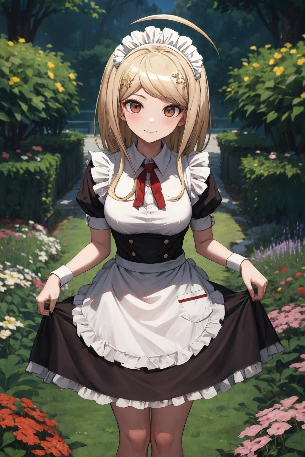 masterpiece, best quality, highres, aakaede, long hair, ahoge, hair ornament, breasts, <lora:akamatsu_kaede_v1:0.7>, maid, maid headdress, smile, skirt hold, garden, standing