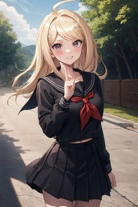 masterpiece, best quality, highres, aakaede, long hair, ahoge, hair ornament, breasts, collarbone, black serafuku, sailor collar, red neckerchief, (black shirt:1.2), long sleeves, black skirt , <lora:akamatsu_kaede_v1:0.7>, grin, standing, cowboy shot, outdoors, poiting the viewer with the finger