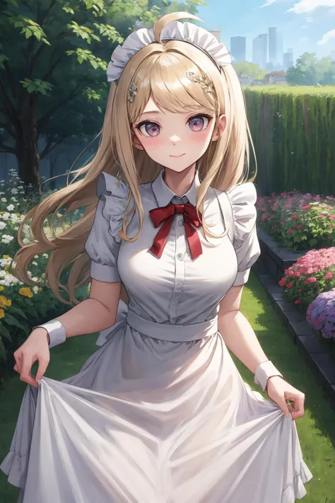 masterpiece, best quality, highres, aakaede, long hair, ahoge, hair ornament, breasts, <lora:akamatsu_kaede_v1:0.7>, maid, maid headdress, smile, skirt hold, garden, standing