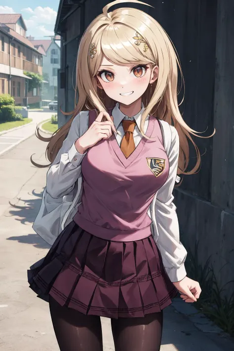 masterpiece, best quality, highres, aakaede, long hair, ahoge, hair ornament, breasts, school uniform, necktie, backpack, pink vest, sweater vest, collared shirt, long sleeves, pleated skirt, purple skirt, print skirt, pantyhose , <lora:akamatsu_kaede_v1:0.7>, grin, standing, cowboy shot, outdoors, poiting the viewer with the finger