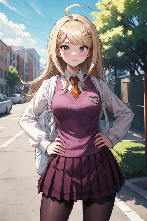 masterpiece, best quality, highres, aakaede, long hair, ahoge, hair ornament, breasts, school uniform, necktie, backpack, pink vest, sweater vest, collared shirt, long sleeves, pleated skirt, purple skirt, print skirt, pantyhose , <lora:akamatsu_kaede_v1:0.7>, grin, standing, cowboy shot, outdoors, hand on hips, backpack