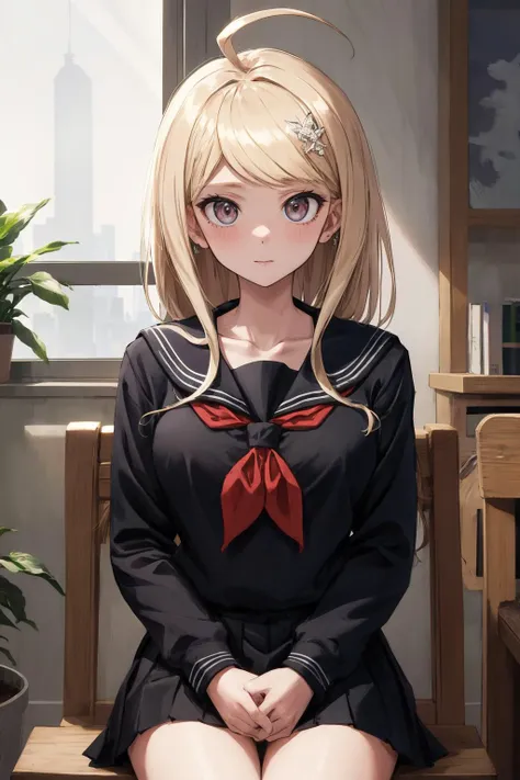 masterpiece, best quality, highres, aakaede, long hair, ahoge, hair ornament, breasts, collarbone, black serafuku, sailor collar, red neckerchief, (black shirt:1.2), long sleeves, black skirt 
, <lora:akamatsu_kaede_v1:0.7>, sitting, holding tea, looking at the viewer, indoor,