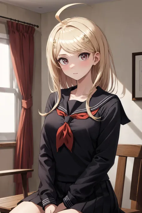 masterpiece, best quality, highres, aakaede, long hair, ahoge, hair ornament, breasts, collarbone, black serafuku, sailor collar, red neckerchief, (black shirt:1.2), long sleeves, black skirt 
, <lora:akamatsu_kaede_v1:0.7>, sitting, holding tea, looking at the viewer, indoor,