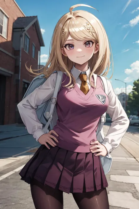 masterpiece, best quality, highres, aakaede, long hair, ahoge, hair ornament, breasts, school uniform, necktie, backpack, pink vest, sweater vest, collared shirt, long sleeves, pleated skirt, purple skirt, print skirt, pantyhose , <lora:akamatsu_kaede_v1:0.7>, grin, standing, cowboy shot, outdoors, hand on hips, backpack