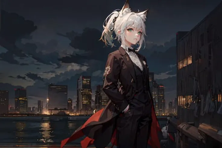 masterpiece, best quality,ultra-detailed,hyper details, cinematic light,
1girl, solo, female focus, night, city, neon, building, standing, outdoors, wind, green eyes, pan-green silver hair, short hair,(short ponytail), animal_ears, animal_ear_fluff,pants, ((tuxedo:1.5)), white shirt, pants, suit, hands in pockets, floating hair, scenery, from behind, profile, light frown, bangs, looking at viewer, cityscape, city lights, skyscraper, dynamic_angle