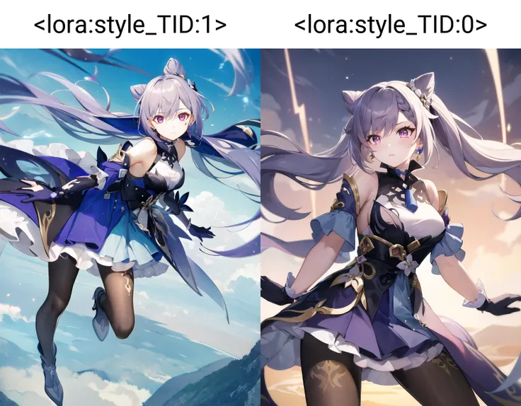 1girl,
(extremely_beautiful_and_delicate:1.3),(pastel:1.6),(official_art:1.3),(illustration:1.6),(masterpiece:1.2),(best_quality:1.3),(dynamic_angle_and_pose:1.0),
keqing \(piercing thunderbolt\) \(genshin impact\), keqing \(genshin impact\),channels the power of the elements through her sword, sending waves of energy rippling through the air. She moves with incredible speed and agility, striking with deadly precision and sending her opponents flying with each devastating blow, atop a high mountain peak, with the clouds and lightning swirling around her. The wind whips through her hair as she charges towards her opponent, her sword crackling with energy.<lora:keqingGenshinImpact3in1_v10:1>
pantyhose, hair bun, purple hair, gloves, twintails, long hair, purple eyes, diamond-shaped pupils, bare shoulders, hair ornament, black pantyhose, cone hair bun, detached sleeves,dress, jewelry, medium breasts, earrings, bangs, frills, purple dress, black gloves, braid, skirt,
(extremely_beautiful_and_delicate:1.3),
(4K:1.3),++//++//++,++//++//++//++//,(extremely_beautiful_and_delicate:1.1),(ultra_detailed:1.3),(delicate:1.3),(realistic:1.0),
(beautiful_eyes:1.3),(beautiful_face:1.3),(beautiful_hair:1.3),(direct_lighting:1.6),sharp,
<lora:animeStyleLoraWith_bfcsimplifierTest:-0.2:OUT10.8><lora:style_TID:1>