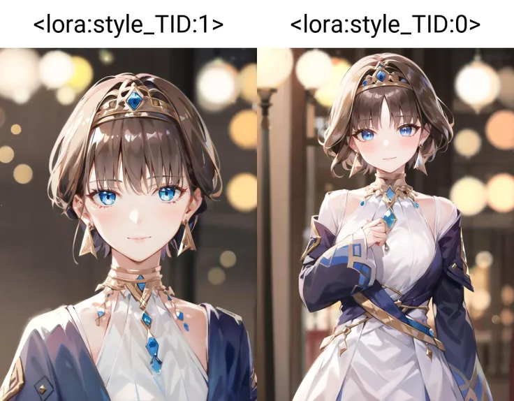 <lora:dunyarzadGenshinImpact_v10:1> 1girl, looking at viewer, intimate, delicate, (smile:0.7)
solo, jewelry, looking at viewer, blue eyes, brown hair, short hair, earrings, tiara, bangs, gem
blurry background, bokeh, blurry, bloom,
<lora:animeStyleLoraWith_bfcsimplifierTest:-0.2:OUT10.8><lora:style_TID:1>