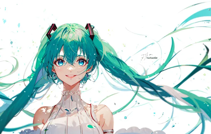 1girl, hatsune_miku, air_bubble, aqua_eyes, aqua_hair, bangs, bare_shoulders, blue_eyes, blue_hair, blurry, breasts, bubble, choker, collarbone, depth_of_field, dress, earrings, eyebrows_visible_through_hair, floating_hair, hair_between_eyes, jewelry, long_hair, looking_at_viewer, neck_ribbon, parted_lips, ribbon, shiny, shiny_hair, simple_background, sleeveless, solo, submerged, twintails, underwater, upper_body, very_long_hair, water, water_drop, white_background, white_choker, white_dress, white_ribbon, smile,
<lora:style_TID:1>