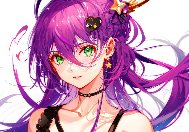 1girl, bangs, collarbone, colorful, crescent_moon, drinking_straw, ear_piercing, earrings, eyebrows_visible_through_hair, full_moon, green_eyes, grey_hair, hair_between_eyes, hair_ornament, halo, heart, jewelry, long_hair, looking_at_viewer, moon, planet, pointing, purple_hair, rainbow, ring, \solo, star_\(sky\), starry_sky, starry_sky_print, thumb_ring, yellow_background, yellow_theme
<lora:style_TID:1>