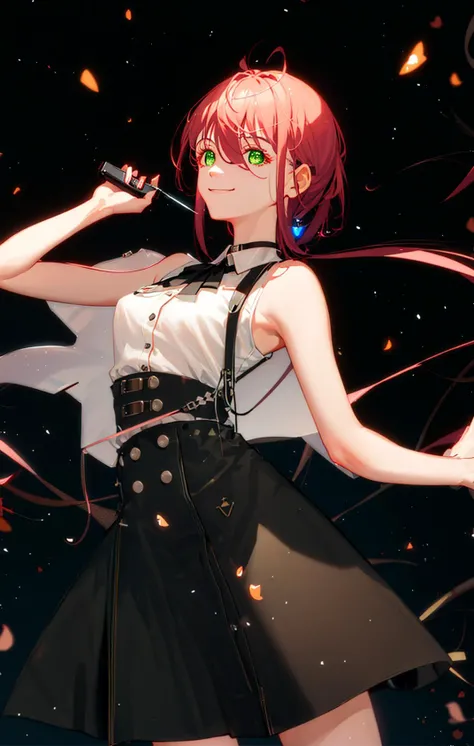 1girl, reze_\(chainsaw_man\), arm_up, armpits, aurora, bangs, bare_arms, bare_shoulders, black_background, black_choker, black_hair, black_neckwear, black_ribbon, black_skirt, blush, breasts, choker, collared_shirt, constellation, cowboy_shot, earth_\(planet\), eyebrows_visible_through_hair, fireflies, fireworks, galaxy, green_eyes, hair_between_eyes, hair_bun, hand_up, light_particles, looking_at_viewer, medium_breasts, medium_hair, milky_way, moon, neck_ribbon, night, night_sky, planet, ribbon, shirt, shirt_tucked_in, shooting_star, short_hair, skirt, sky, sleeveless, sleeveless_shirt, small_breasts, smile, solo, space, star_\(sky\), starry_background, starry_sky, starry_sky_print, white_shirt
<lora:style_TID:1>