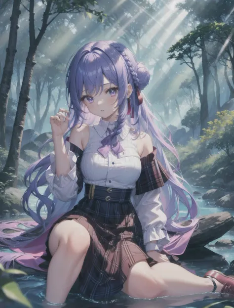 1girl, ,(((light blue and purple long hair))), black skirt,, (sitting on forest and riverside)(braid:1.4), full body, blue sweater, bare shoulders, hair bow, ribbon, hair ribbon, plaid scarf, hair bun, shoes , (solo:1.5),(close up:1)
nature,(river:1.4),(forests:1.4), (side view, far view),
, (light rays:1.4), wallpaper, high contrast, colorful, (masterpiece:1.2, best quality), Stunning colorful, beautiful detailed glow, (good anatomy:1.5),(extremely detailed CG unity 8k wallpaper:1.4), (HD:1.4),masterpiece, best quality,( ultra-detailed:1.4), best shadow), masterpiece, photorealistic, octane render, High exposure of a Biochemical, Stunning quality, Stunning resolution, Stunning detailed, (Stunning Realism), (stunning of background detai:1.4)l, stunning of outfit detail, Stunning of the clarity, Stunning of the face detailed, Stunning of the eyes detailed, (ultra-detail of forest:1.4), (ultra-detail of river:1.4)