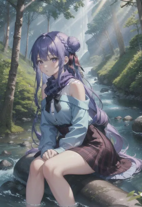 1girl, ,(((light blue and purple long hair))), black skirt,, (sitting on forest and riverside)(braid:1.4), full body, blue sweater, bare shoulders, hair bow, ribbon, hair ribbon, plaid scarf, hair bun,shoe,
nature,(river:1.4),(forests:1.4), (side view, far view)
light particles, (light rays:1.4), wallpaper, high contrast, colorful, (masterpiece:1.2, best quality), Stunning colorful, beautiful detailed glow, (good anatomy:1.5),(extremely detailed CG unity 8k wallpaper:1.4), masterpiece, best quality, ultra-detailed, best shadow), masterpiece, photorealistic, octane render, High exposure of a Biochemical, Stunning quality, Stunning resolution, Stunning detailed, (Stunning Realism), (stunning of background detai:1.4)l, stunning of outfit detail, Stunning of the clarity, Stunning of the face detailed, Stunning of the eyes detailed, (ultra-detail of forest:1.4), (ultra-detail of river:1.4)