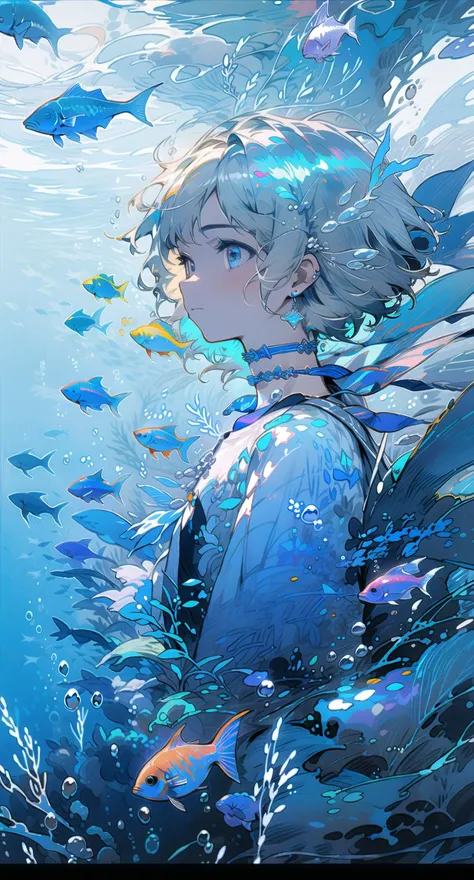1girl, blue eyes, blue theme, fish, solo, jewelry, earrings, profile, bubble, choker, underwater, blue hair, short hair, blue choker, white hair, from side, air bubble, letterboxed, jellyfish, upper body, floating hair <lora:shoal-000018:1>