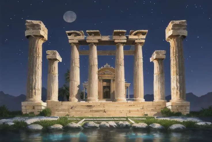 a beautiful Greek night landscape, a small temple, beautiful columns, a stream, stars in the sky, full moon, high res, 4k, lit only by the moon, slightly dark