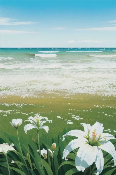 white lilies, seaside background
(masterpiece, best quality), (absurdres:1.2), (ultra detailed, 8K, ultra highres:1.2), (bokeh, sharp focus, depth of field),