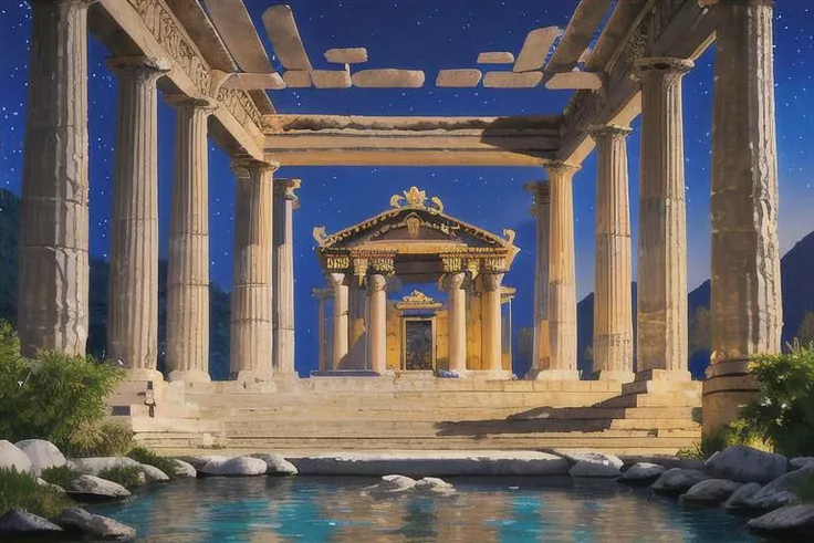 a beautiful Greek night landscape, a small temple, beautiful columns, a stream, stars in the sky, full moon, high res, 4k, lit only by the moon