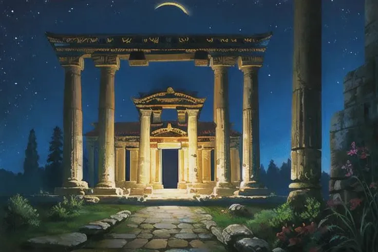 a beautiful Greek night landscape, a small temple, beautiful columns, a stream, stars in the sky, full moon