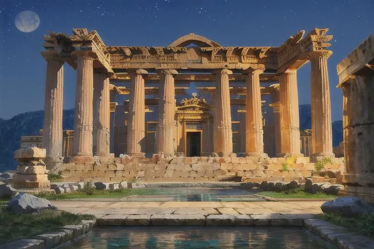 a beautiful Greek night landscape, a small temple, beautiful columns, a stream, stars in the sky, full moon, high res, 4k, lit only by the moon