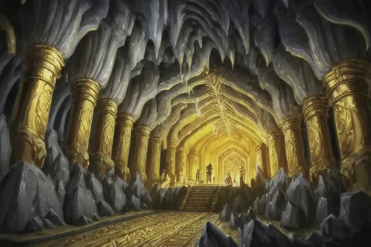 Best quality, highly detailed, medieval, fantasy, digital illustration, underground cavern, underdark, city made of gold, shiny, statues, extravagant, stalactites