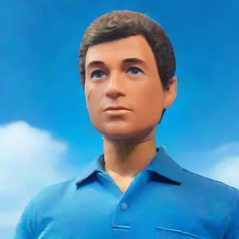 comic style, <lora:GI_John_SDXL:1> GI John wearing a blue polo shirt, blue sky scene, simple colors, flat colors