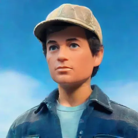 comic style, <lora:GI_John_SDXL:1> GI John wearing a trucker hat, button up plaid shirt, blue sky scene, simple colors, flat colors