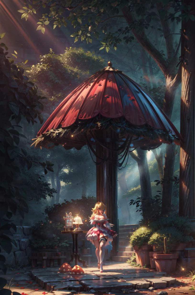 cinematic lighting, (volumetric lighting, Highres), (Detailed Illustration), Ultra-Detailed, 8k, lights and shadows, nsfw, (detailed background, complex background:1.2), 1girl, solo, female, gigantic breasts, skindentation, BDS, thick thighs, breast expansion, after transformation, drooling, princess peach, nintendo, super mario, blonde hair, blue eyes, pink dress, holding a red mushroom, outside, forest kingdom, <lora:add_detail:0.8> <lora:hairdetailer:0.8> <lora:BetterDeepSkinV1-000070:0.8>