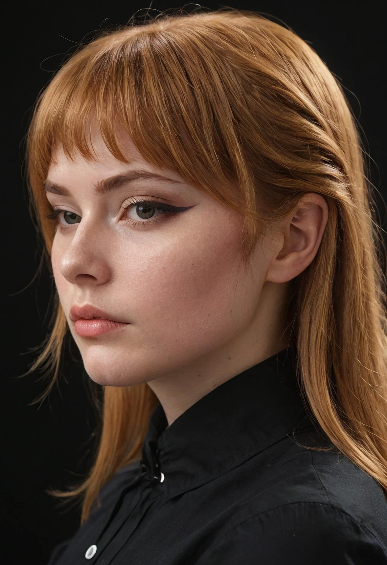 (highly detailed, brooding:1.15), half-body of Gud, focus on face, side view , her Strawberry blonde hair