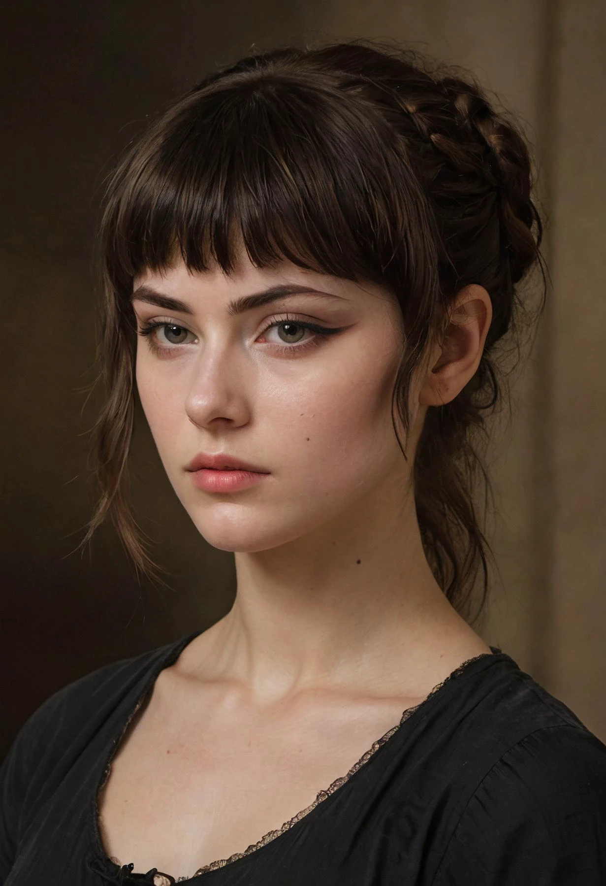(highly detailed, brooding:1.15), half-body of Gud, focus on face, side view , her Titian hair