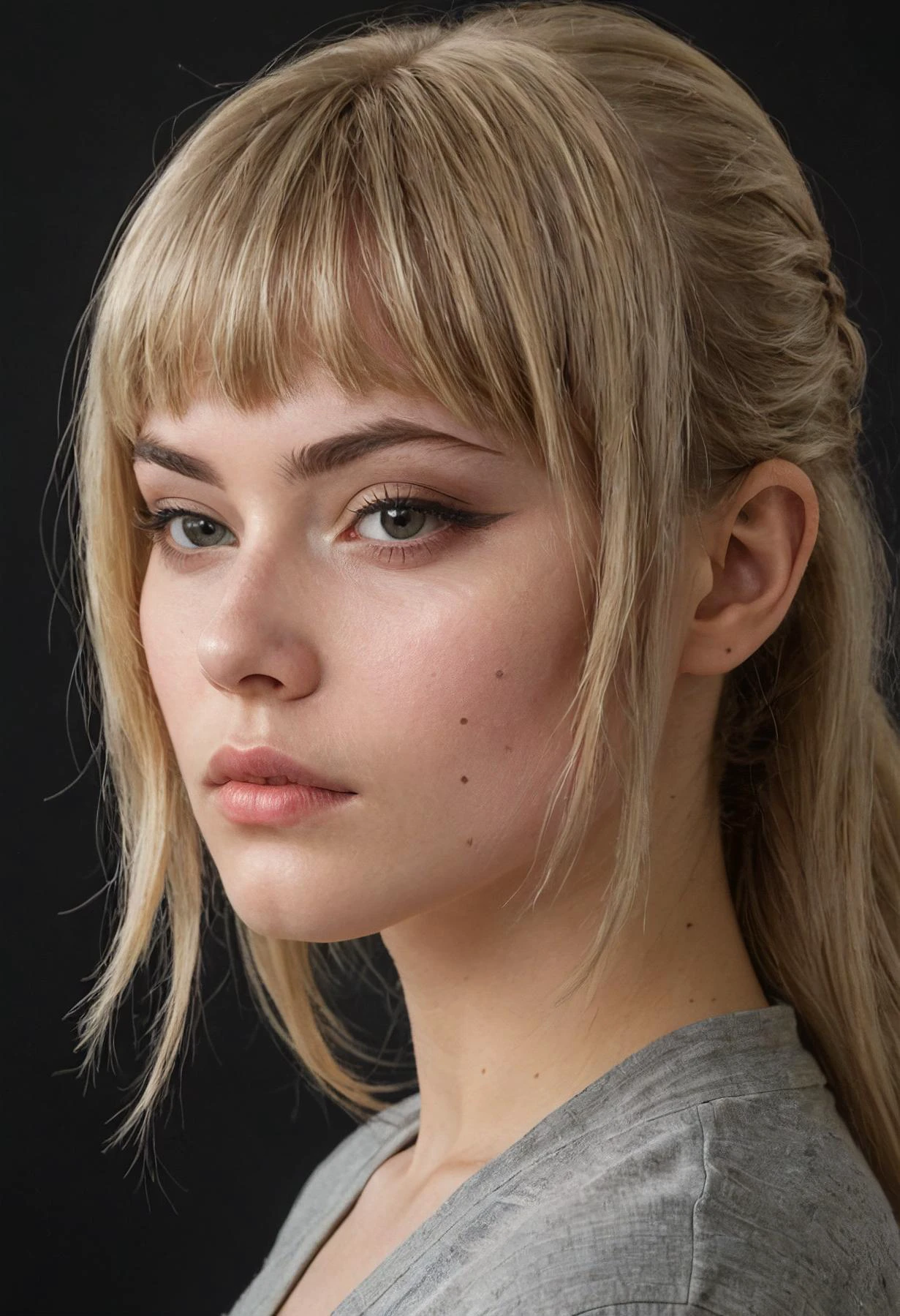 (highly detailed, brooding:1.15), half-body of Gud, focus on face, side view , her Ash blonde hair