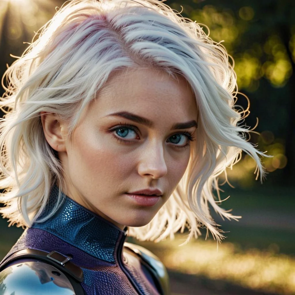 close up shot,White hair,violet-blue eyes , highly detailed skin with hair,,outdoors, hard light,hard shadows