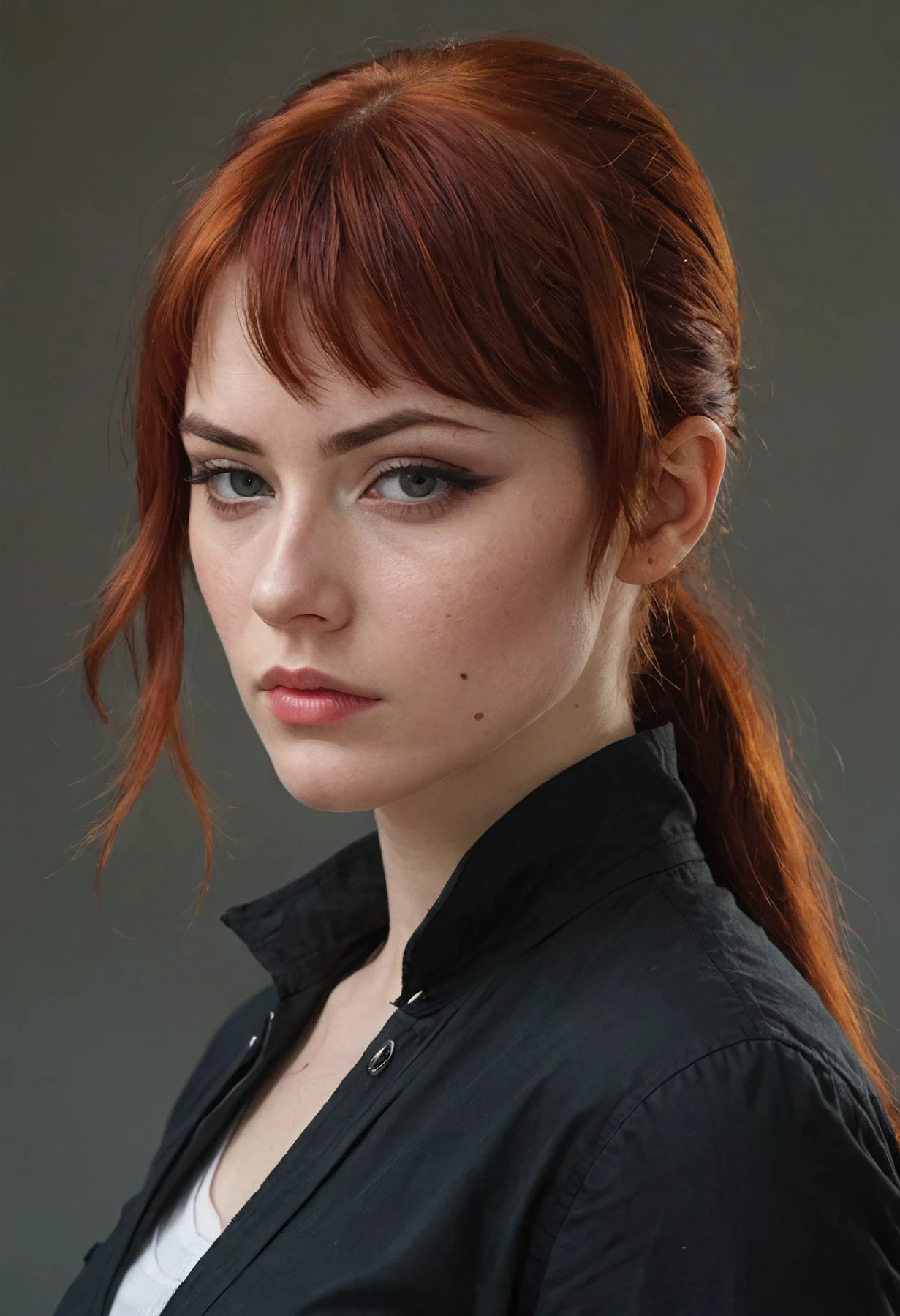 (highly detailed, brooding:1.15), half-body of Gud, focus on face, side view , her Red hair
