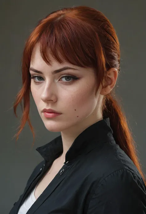 (highly detailed, brooding:1.15), half-body of Gud, focus on face, side view , her Red hair 