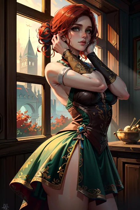 ((ultra detailed, masterpiece, best quality))
<lora:WTriss:0.8>
WTriss, 1girl, solo, red hair, hair bun, freckles, dress, Hands in Hair