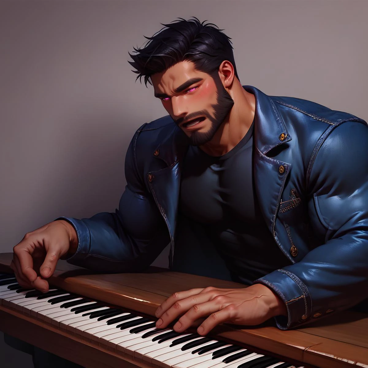 score_9, score_8_up, realistic, source_realistic, rating_questionable, bif, simple, denim jacket, blue black hair, evening,
<lora:organ:1> organ (instrument), playing_instrument
glossy skin, muscular male, short hair, beard, bara, mature, <lora:slider_StS_detail_slider_v1:1><lora:egg_leonard-04:.4><lora:style_Concept Art DarkSide Style LoRA_Pony XL v6:1>