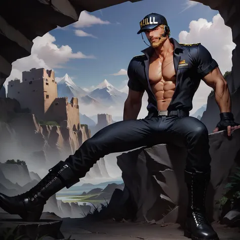 score_9, score_8_up, realistic, rating_questionable, bif, landscape with chroma, dungeon, dusk,
<lora:Berthault_Killer_T_Cell_XL:1> Killer T Cell \(Cells at Work\), tan skin, blond hair, black eyes, facial hair, beard, scar on face, black Killer T Cell uniform \(Cells at Work\), black collared shirt, pecs, partically open shirt, black pants, black cap, Killer T Cell cap \(Cells at Work\), earpiece, fingerless gloves, black boots, adult, mature, masculine, manly, handsome, charming, alluring,
glossy skin, bara, mature, male, handsome, <lora:egg_leonard-04:.2>, <lora:style_Concept Art DarkSide Style LoRA_Pony XL v6:1><lora:slider_Body Type_alpha1.0_rank4_noxattn_last:2>