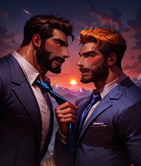 score_9, score_8_up, realistic, source_realistic, rating_questionable, bif, mountain,  honey hair, night, lens flare, sunset
<lora:necktie_grab_v1:1> necktie grab, neckwear grab, 2boys, business suit, 
glossy skin, muscular male, short hair, beard, bara, mature, <lora:slider_StS_detail_slider_v1:1><lora:egg_leonard-04:.4><lora:style_Concept Art DarkSide Style LoRA_Pony XL v6:1>