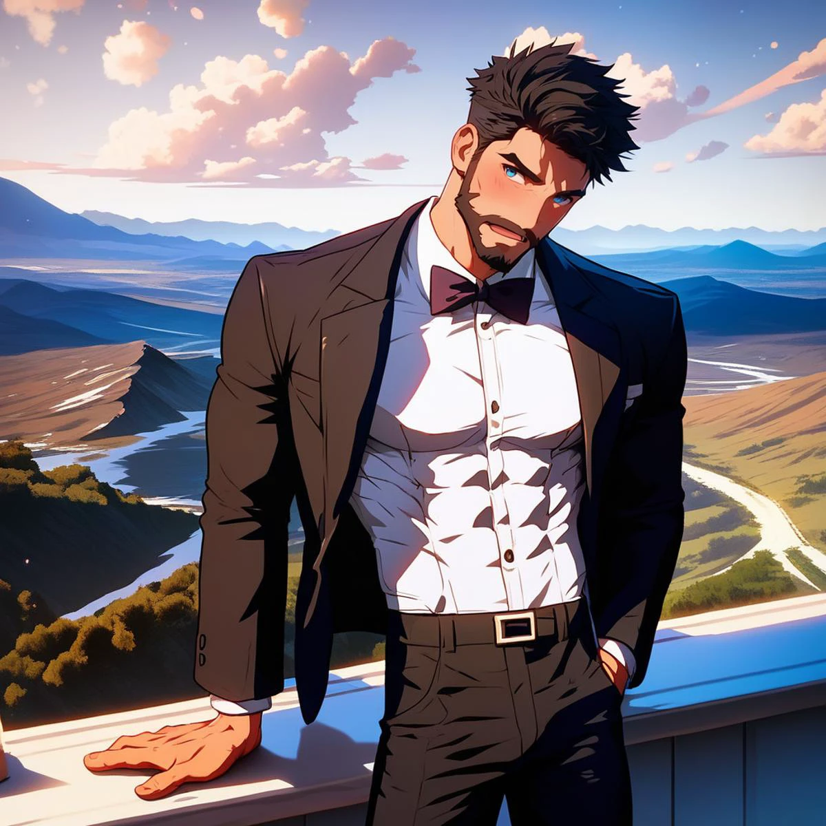 score_9, score_8_up, realistic, rating_questionable, bif, landscape, valley, night
<lora:NijijourneyV6Style-000016:1>, business suit,
black hair, white skin, glossy skin, bara, mature, male, handsome, <lora:slider_Body Type_alpha1.0_rank4_noxattn_last:2>