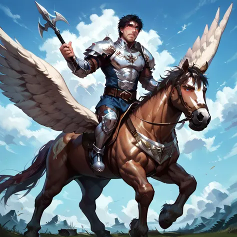 score_9, score_8_up, realistic, rating_questionable, bif, <lora:addon_Hairy_Anime_Dudes:1.3> hairy hair, hairy chest, hairy torso, hairy arm,
<lora:pegasus knight-v2-pony:.6> PEGASUS KNIGHT, HORSE, HORSEBACK RIDING, PEGASUS,, SHOULDER ARMOR, BREASTPLATE, PEGASUS KNIGHT UNIFORM \(FIRE EMBLEM\), HOLDING POLEARM
shiny skin, glossy skin, toned male in the dungeon, dark dungeon, darkness, a background of dark dungeon, handsome, bangs, messy hair, short hair, black hair, bara, mature, stubble, blue eyes,<lora:slider_StS_detail_slider_v1:3><lora:egg_leonard-04:.3><lora:style_Concept Art DarkSide Style LoRA_Pony XL v6:1>