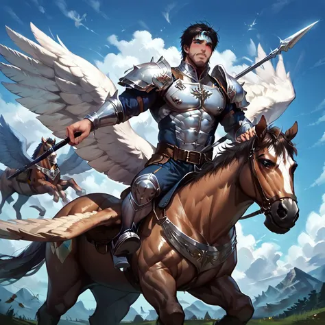 score_9, score_8_up, realistic, rating_questionable, bif, <lora:addon_Hairy_Anime_Dudes:1.3> hairy hair, hairy chest, hairy torso, hairy arm,
<lora:pegasus knight-v2-pony:.6> PEGASUS KNIGHT, HORSE, HORSEBACK RIDING, PEGASUS,, SHOULDER ARMOR, BREASTPLATE, PEGASUS KNIGHT UNIFORM \(FIRE EMBLEM\), HOLDING POLEARM
shiny skin, glossy skin, toned male in the dungeon, dark dungeon, darkness, a background of dark dungeon, handsome, bangs, messy hair, short hair, black hair, bara, mature, stubble, blue eyes,<lora:slider_StS_detail_slider_v1:3><lora:egg_leonard-04:.3><lora:style_Concept Art DarkSide Style LoRA_Pony XL v6:1>