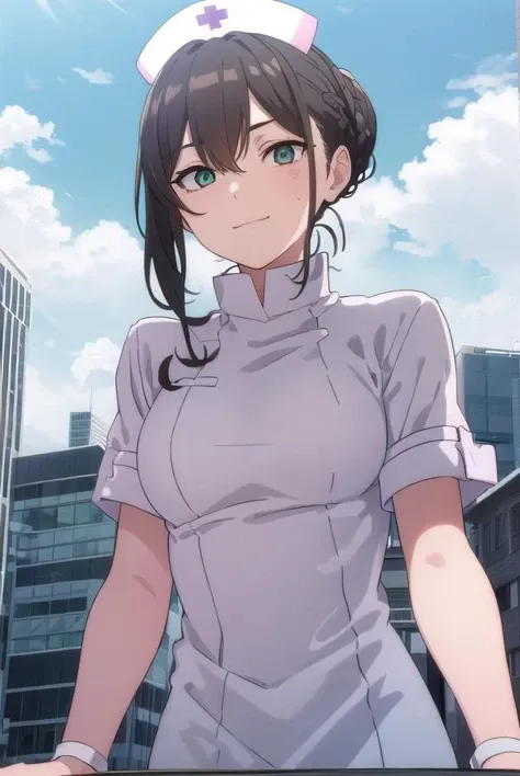 vlilaf, <lora:v lila f hnu-lora-nochekaiser:1>,
v lila f, brown hair, black hair, (green eyes:1.3), braid, sidelocks, hair bun, makeup, facial mark, single hair bun, hair between eyes, smile,
BREAK hat, nurse cap, nurse, short sleeves,
BREAK outdoors, city, sun, clouds,
BREAK looking at viewer, (cowboy shot:1.5),
BREAK <lyco:GoodHands-beta2:1>, (masterpiece:1.2), best quality, high resolution, unity 8k wallpaper, (illustration:0.8), (beautiful detailed eyes:1.6), extremely detailed face, perfect lighting, extremely detailed CG, (perfect hands, perfect anatomy),