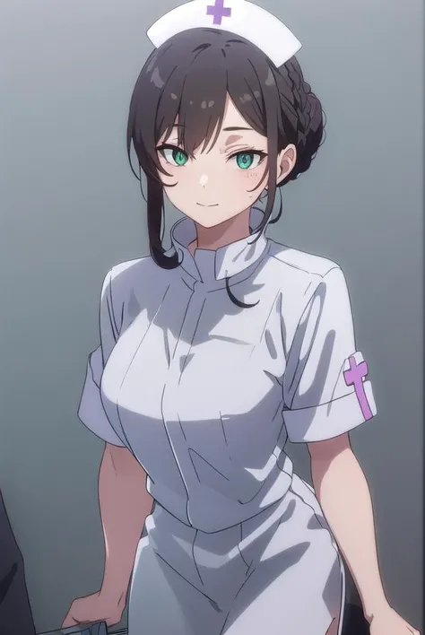 vlilaf, <lora:v lila f hnu-lora-nochekaiser:1>,
v lila f, brown hair, black hair, (green eyes:1.3), braid, sidelocks, hair bun, makeup, facial mark, single hair bun, hair between eyes, smile,
BREAK hat, nurse cap, nurse, short sleeves,
BREAK outdoors, city, sun, clouds,
BREAK looking at viewer, (cowboy shot:1.5),
BREAK <lyco:GoodHands-beta2:1>, (masterpiece:1.2), best quality, high resolution, unity 8k wallpaper, (illustration:0.8), (beautiful detailed eyes:1.6), extremely detailed face, perfect lighting, extremely detailed CG, (perfect hands, perfect anatomy),