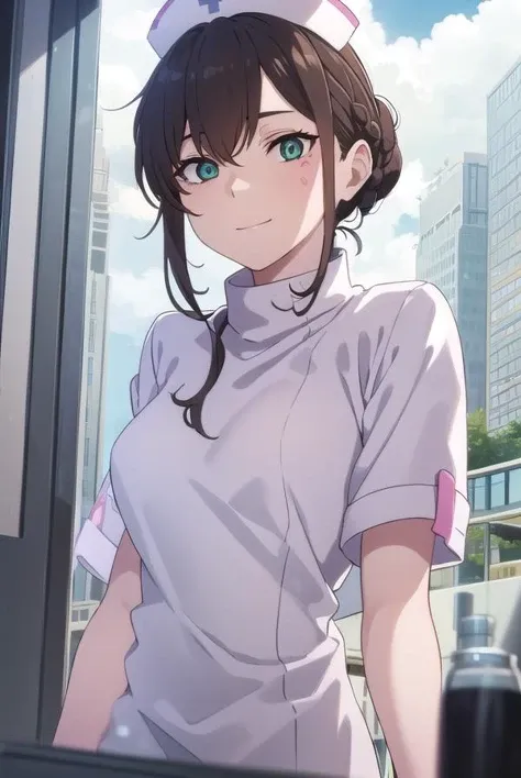 vlilaf, <lora:v lila f hnu-lora-nochekaiser:1>,
v lila f, brown hair, black hair, (green eyes:1.3), braid, sidelocks, hair bun, makeup, facial mark, single hair bun, hair between eyes, smile,
BREAK hat, nurse cap, nurse, short sleeves,
BREAK outdoors, city, sun, clouds,
BREAK looking at viewer, (cowboy shot:1.5),
BREAK <lyco:GoodHands-beta2:1>, (masterpiece:1.2), best quality, high resolution, unity 8k wallpaper, (illustration:0.8), (beautiful detailed eyes:1.6), extremely detailed face, perfect lighting, extremely detailed CG, (perfect hands, perfect anatomy),