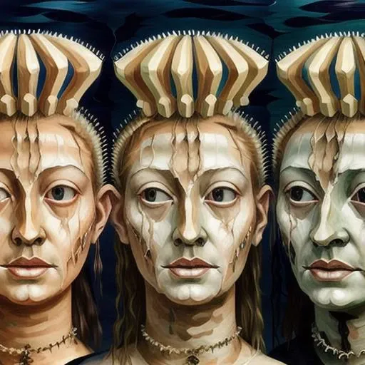 sureal painting of a group of heads on spikes <lora:last:1>
