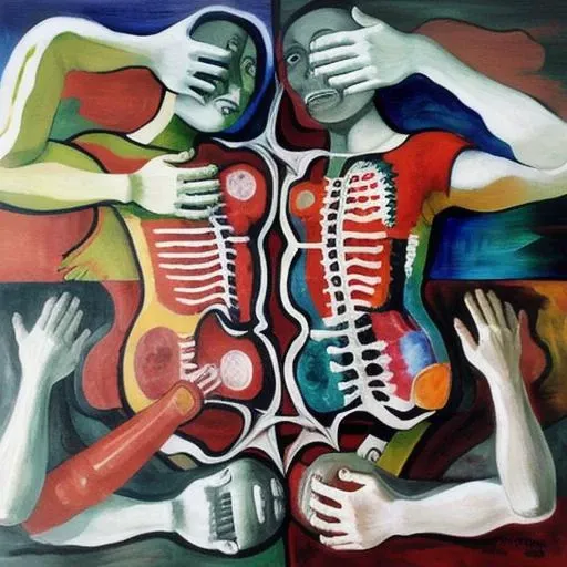 A man with 6 arms and three legs and two heads